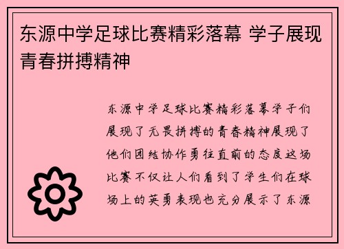 东源中学足球比赛精彩落幕 学子展现青春拼搏精神
