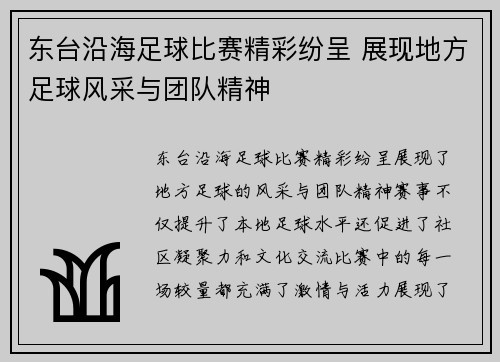 东台沿海足球比赛精彩纷呈 展现地方足球风采与团队精神