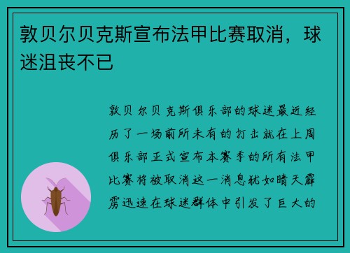 敦贝尔贝克斯宣布法甲比赛取消，球迷沮丧不已