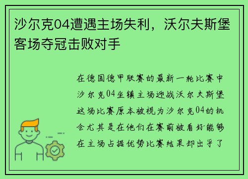 沙尔克04遭遇主场失利，沃尔夫斯堡客场夺冠击败对手