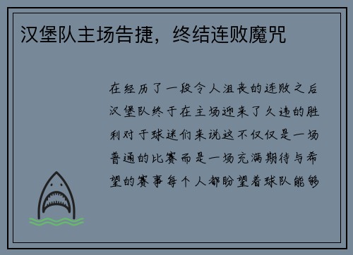 汉堡队主场告捷，终结连败魔咒