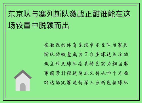 东京队与塞列斯队激战正酣谁能在这场较量中脱颖而出