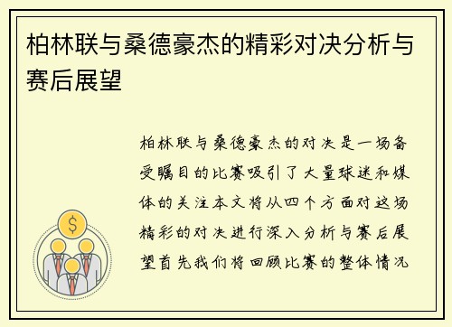 柏林联与桑德豪杰的精彩对决分析与赛后展望