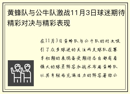 黄蜂队与公牛队激战11月3日球迷期待精彩对决与精彩表现