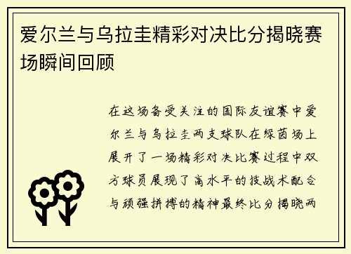 爱尔兰与乌拉圭精彩对决比分揭晓赛场瞬间回顾