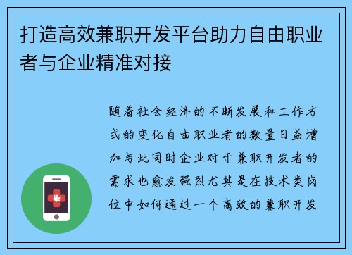 打造高效兼职开发平台助力自由职业者与企业精准对接