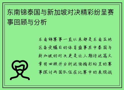 东南锦泰国与新加坡对决精彩纷呈赛事回顾与分析
