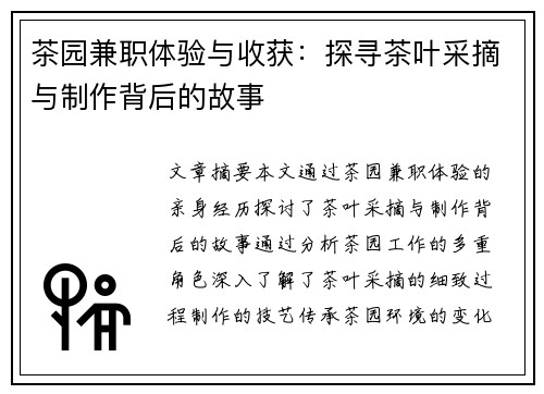 茶园兼职体验与收获：探寻茶叶采摘与制作背后的故事