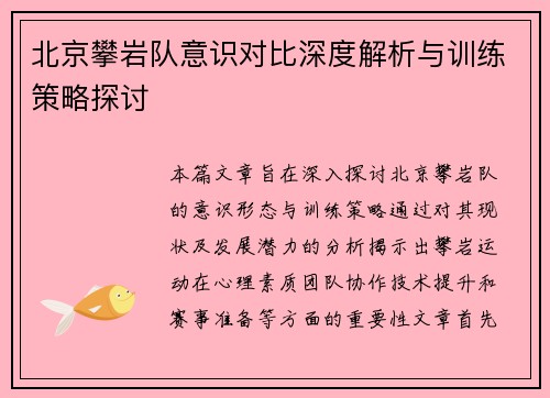 北京攀岩队意识对比深度解析与训练策略探讨