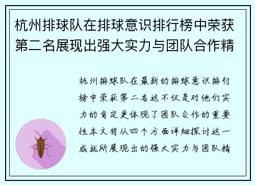杭州排球队在排球意识排行榜中荣获第二名展现出强大实力与团队合作精神