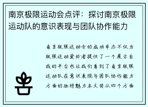 南京极限运动会点评：探讨南京极限运动队的意识表现与团队协作能力