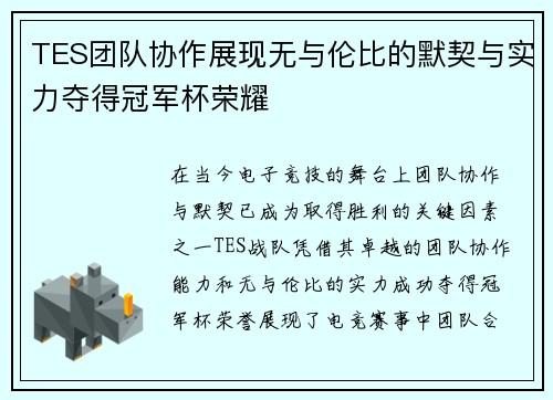 TES团队协作展现无与伦比的默契与实力夺得冠军杯荣耀